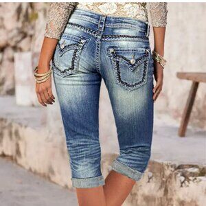 FLAMINGALS Ripped Roll Hem Contrast Stitch Low Rise Capri Jeans Size Large BNWT